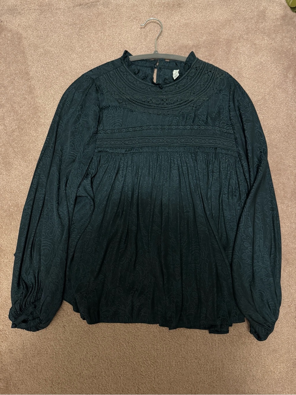 Gentle Fawn Dark Green Lace Yoke Paisley Print Long-Sleeve Top